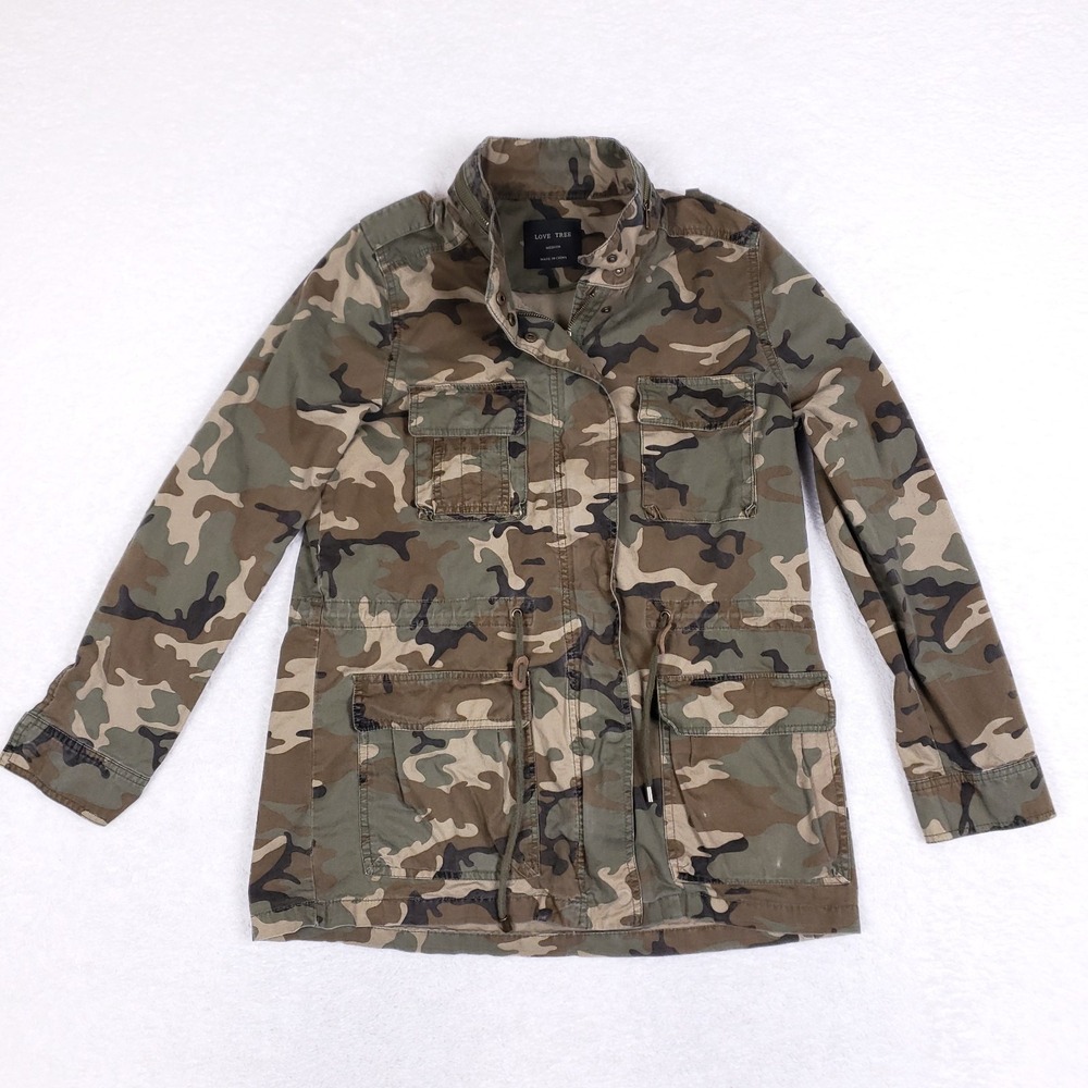Love‎ Tree Camo Military Utility Jacket Medium Woodland Green Cargo Field Safari